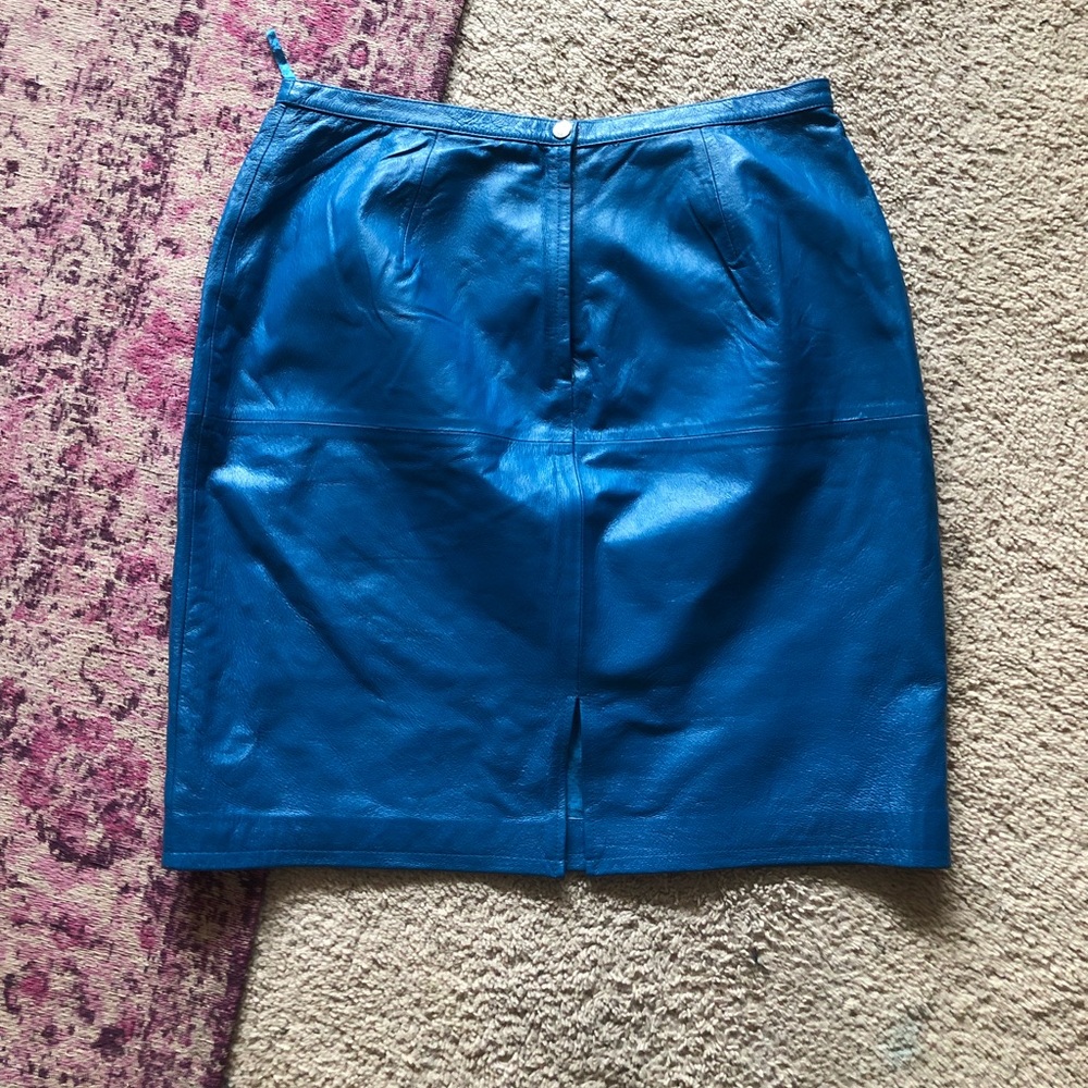 Blue leather unworn mini skirt